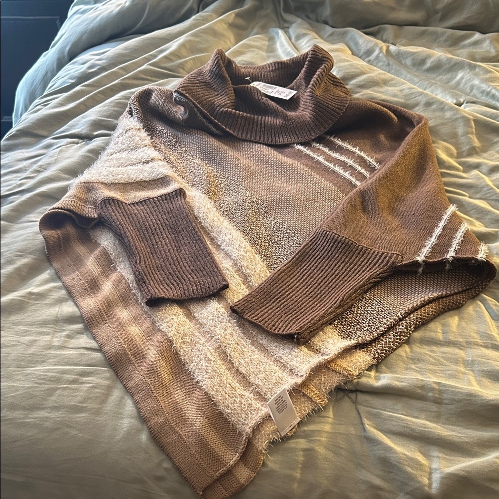 Dress Barn Brown and Cream Cowl Neck Poncho Sweater with 1/4 length sleeve